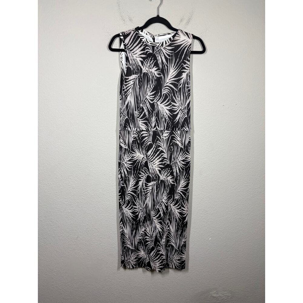 Hugo Boss Large Emago Sheath Dress Black Accordion Pleat Palm Print Sleeveless